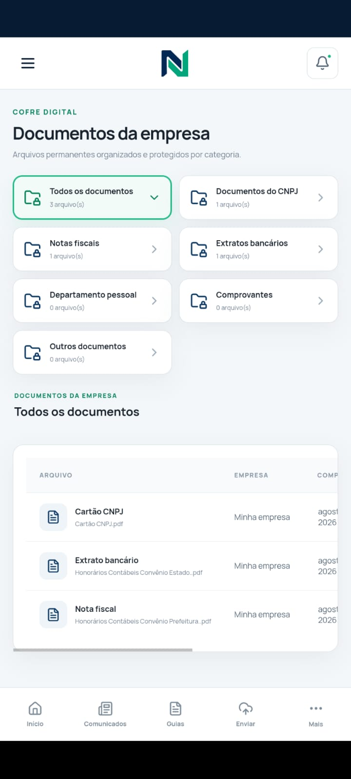 Tela de documentos da empresa no aplicativo